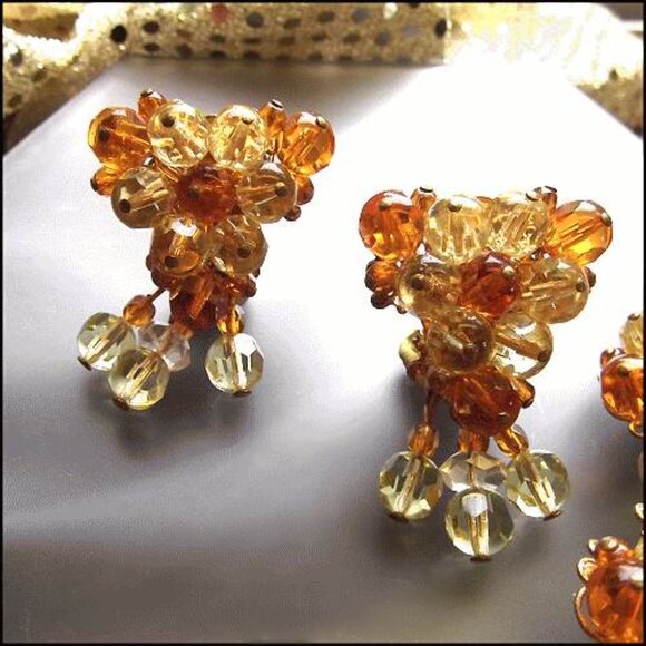 1950s Designer Citrine Crystal Bubbles Vintage Bracelet w Earrings Set 15838 - Picture 6 of 8